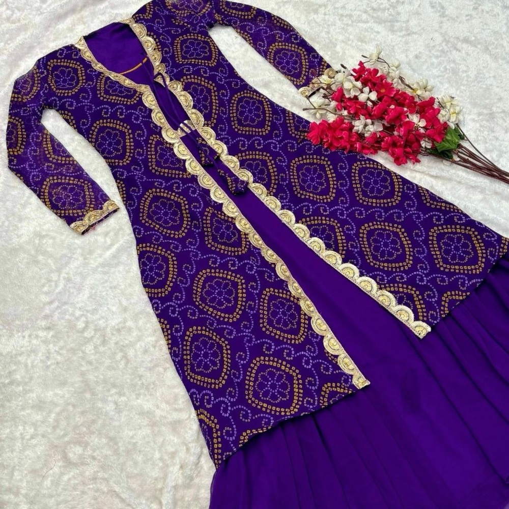 Purple maxi dress/gown with bandhani shrug/jacket.